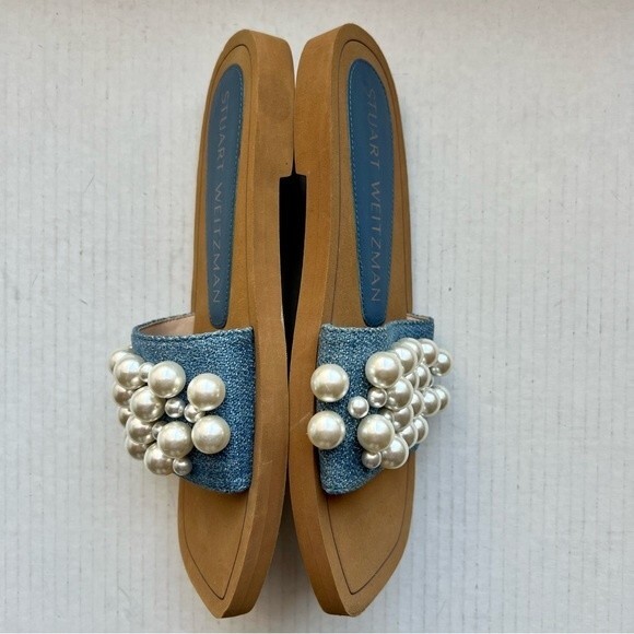Stuart Weitzman Blue Denim Slide Flat Slip On Sandal Shoes w/ Pearls Women 5 B - Picture 7 of 14